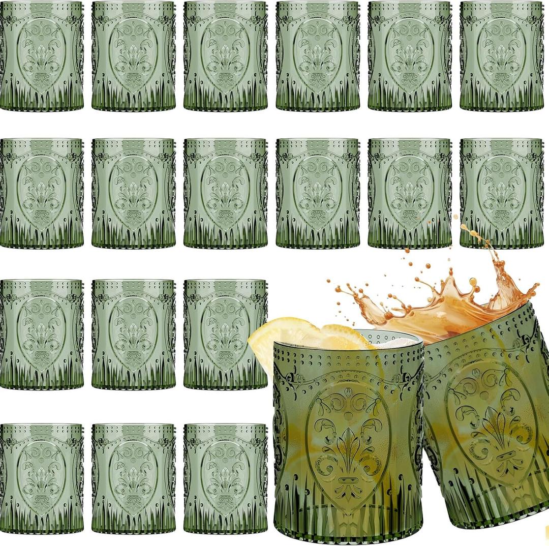 Qinyoung 24 Plastic Vintage Drinking Glasses 8.5oz Stemless Retro Embossed Wine Glasses Shatterproof Reusable Cups for Baby Shower Wedding Reception Grand Event Party (Dark Green)
