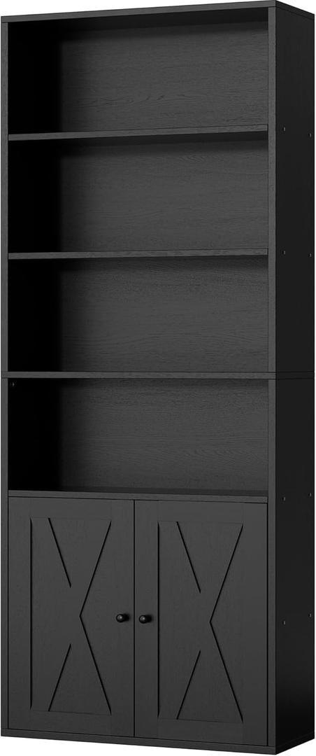 Shintenchi Bookshelf, Industrial Bookshelves and Bookcases with Doors Floor Standing 6 Shelf Display Storage Shelves 70.9 inches Tall Bookcase for Home Office, Living Room (Black)