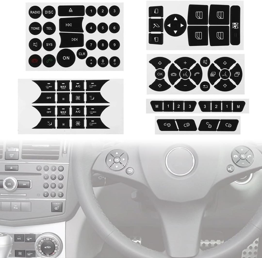 Car Interior Stickers Button Decals Compatible with 2008-2014 Mercedes Benz W204 C250 C350 E-Class Steering Wheel AC Window Radio Number Door Repair Sticker Kit