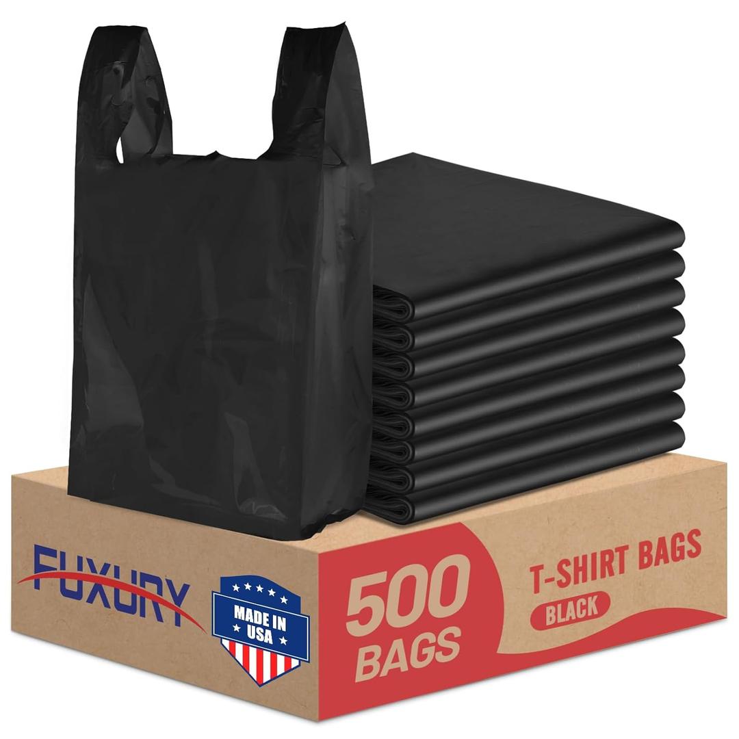 Fuxury 500 Count Plastic T-shirt Bags Black 11.5" x 6.5" x 21", Grocery, Trash, Take Out, To Go, Restaurants, Retail Shopping Bags in Bulk for Small Business (Made in USA)