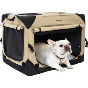 Pettycare 36 Inch Collapsible Dog Crate with Curtains Travel Dog Crate for Airflow and Calm Soft Pet Kennel with Portable Bag and More Chew Proof Mesh Indoor & Outdoor Beige 4 Door Curtains