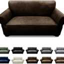 Pfrstuv Loveseat Sofa Slipcover Leather Look Couch Covers for 2 Seater Couch Sofa 1-Piece Sofa Cover Stretch Furniture Protector with Elastic Bottom & Pockets(Loveseat, Coffee)