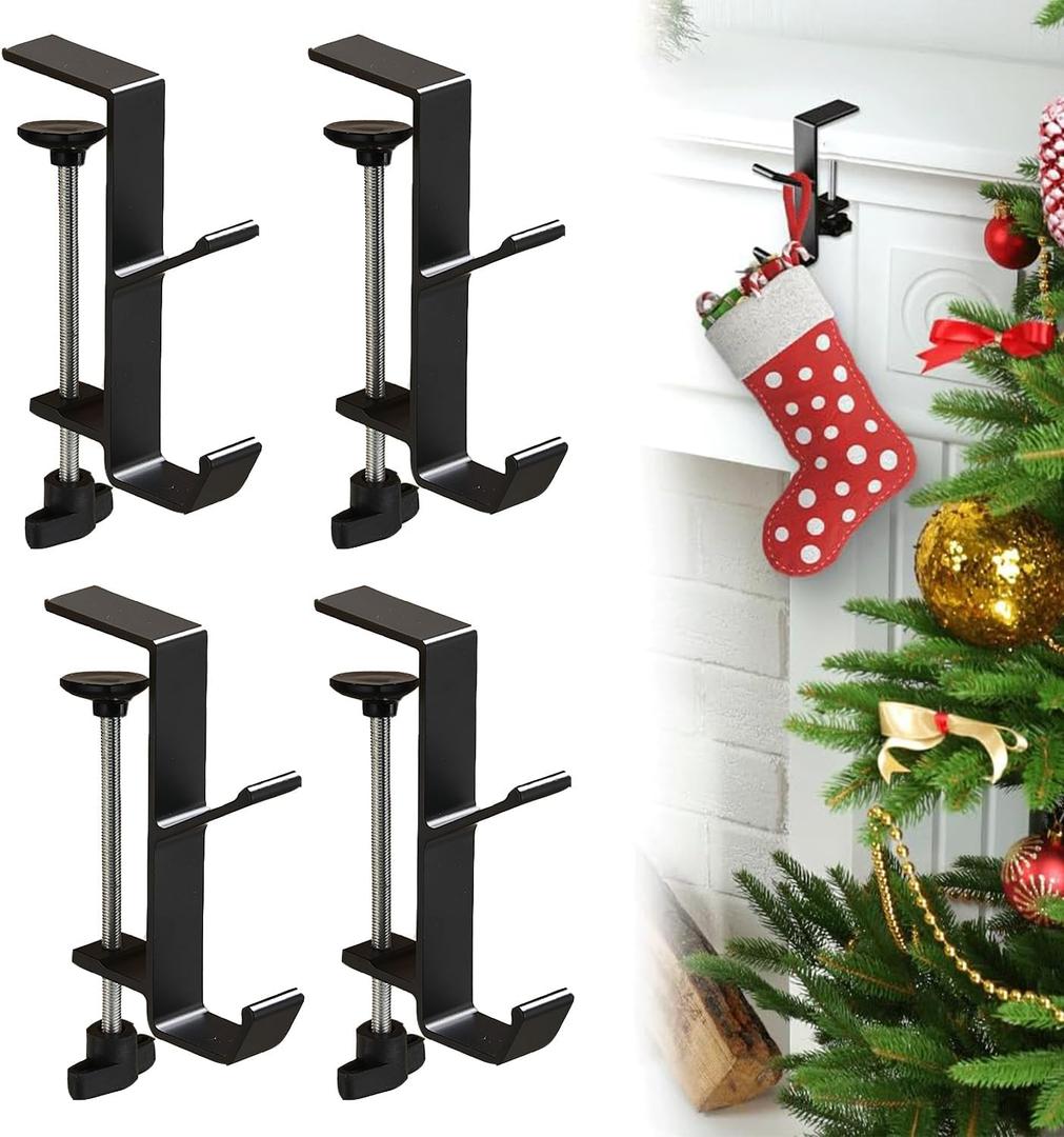 Garland and Stocking Mantel Holders with 2 Hooks, Mantel Hanger for Garland, 2 in 1 Mantel Garland and Stocking Hangers Heavy Duty, Fireplace Garland Hanger for Xmas Decoration (4Black)