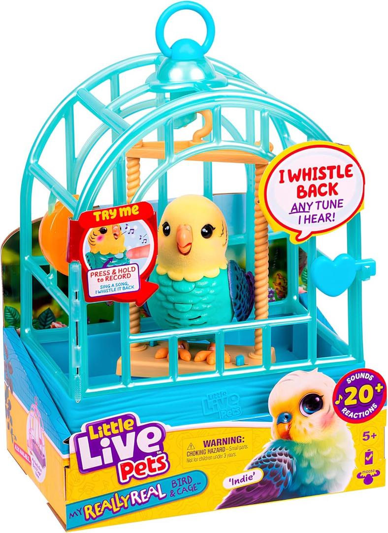 Little Live Pets My Really Real Talking Bird Toy & Cage - Indie, Interactive Voice Repeating Toy, 20+ Sounds & Reactions, Talking Toys for Kids 5-7