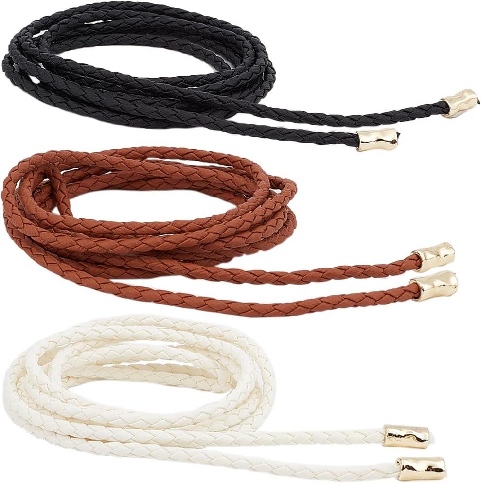 CRASPIRE 6Pcs Thin Braided Belt 3 Colors PU Leather Boho Knotted Waistband Rope 59in(150cm) Adjust Beaded Vintage Skinny Tie Trendy Decorative Woven Waist Cord for Lady Women Summer Skirt Dress