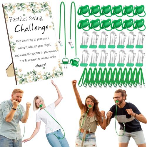 Geelin 12 Sets Swing Pacifier Baby Shower Games Funny Gender Reveal Games, Include 1 Wooden Sign and 12 Plastic Pacifiers for Bridal Baby Shower Gender Reveal Party Women Men(Eucalyptus,Greenery)