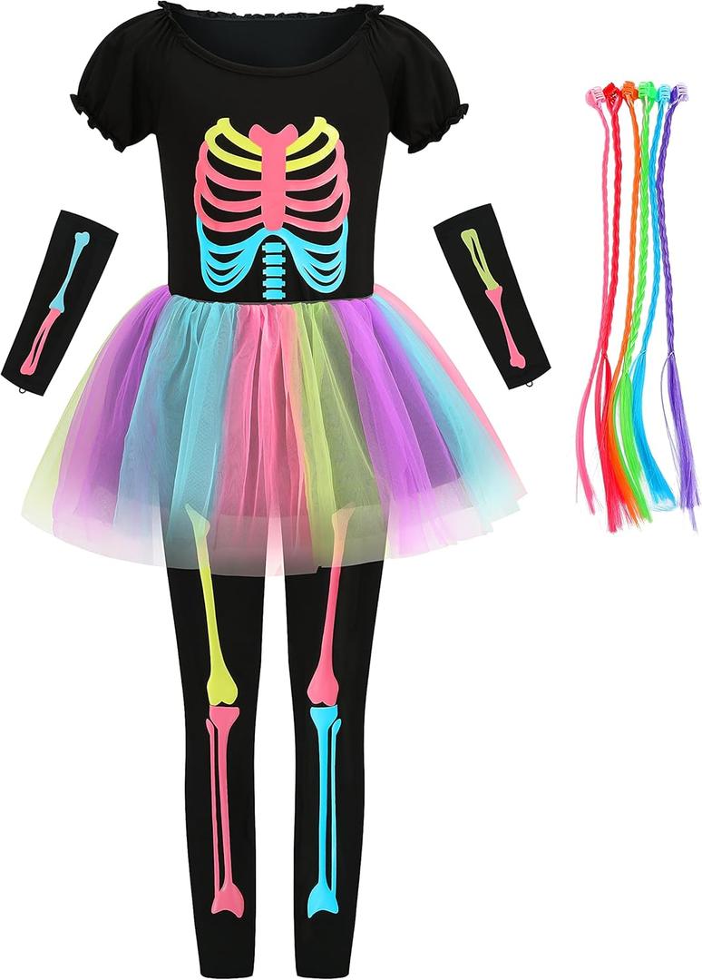 LMYOVE Kids Glow in The Dark Girl Skeleton Costume, Punk Bones Tutu Dress for Girls Halloween Party Dress Up (11-12Y)