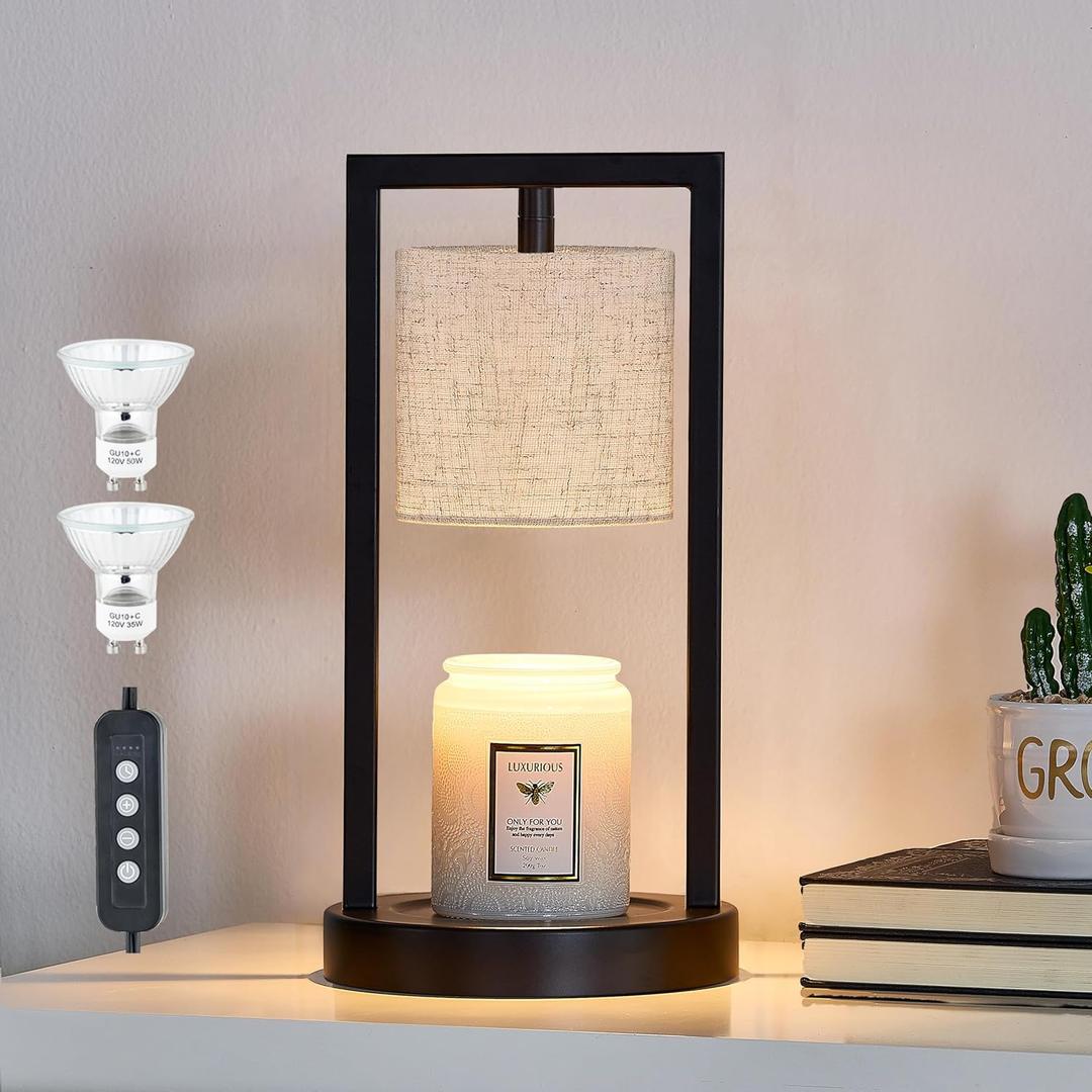 Candle Warmer Lamp with Timer, Black Candle Lamps Linen Fabric Shade, 3-Level Dimmable Candle Light Wax Melt Warmer for Scented Wax, 35W Electric Warmer Lamp for Women Home Decor (2 Bulbs Included)