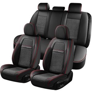 Coverado Car Seat Covers Full Set, Nappa Leather Black Seat Covers for Cars, Waterproof Car Seat Protector, Front and Back Seats Universal Fit for Most Vehicles (Red Line-L)