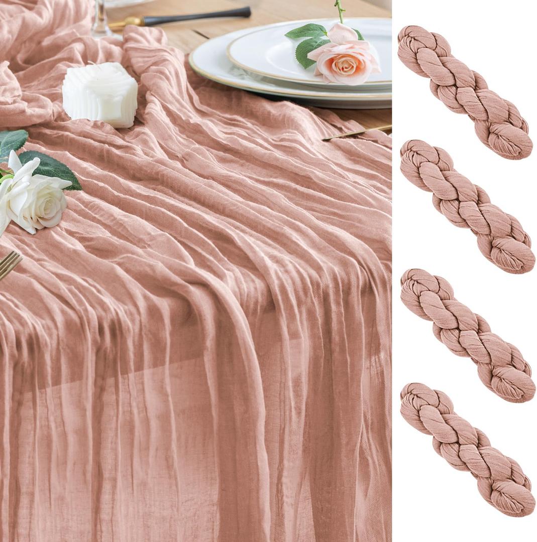 Cheesecloth Table Runner Dusty Pink 10FT Boho Gauze, 4 Pack | 120 Inch Cheese Cloth Table Runner Rustic Sheer Runners for Wedding Birthday Baby Bridal Shower Christmas Table Decor