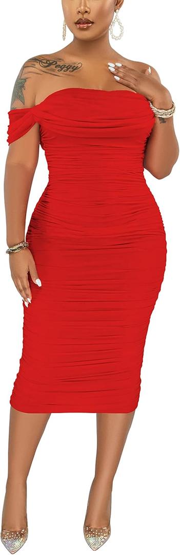 Women's Sexy Off Shoulder Sleeveless Bodycon Ruched Midi Elegant Cocktail Evening Party Night Tube Dresses (Red, L)