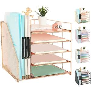 AUPSEN Desk Organizer with File Holder, 5 Trays Paper Letter Tray Organizer, Mesh Desk Organizers and Accessoriesand for Home Office (Rose Gold)