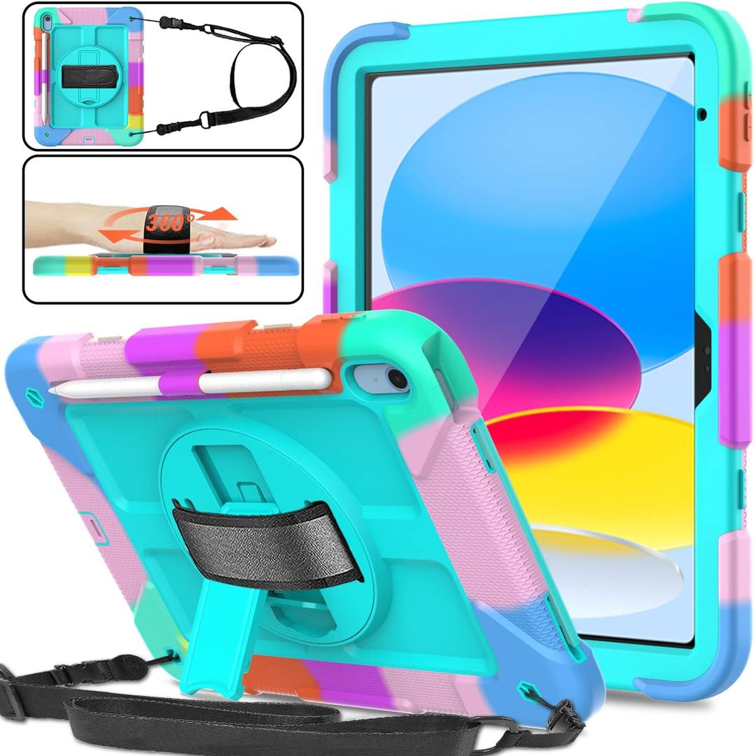 iPad 10th Generation Case 10.9 Inch 2022, Durable Lightweight Shockproof Protective Cover with [Pencil Holder][360 Rotating Stand][Shoulder Strap] for iPad 10th Gen 2022 - Turquoise
