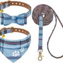 EXPAWLORER Puppy Collar and Leash Set - Embroidery Pawprints Plaid Dog Collar with Bow Tie and Bandana, Cute Collar and Leash for Dogs and Cats, Blue XS