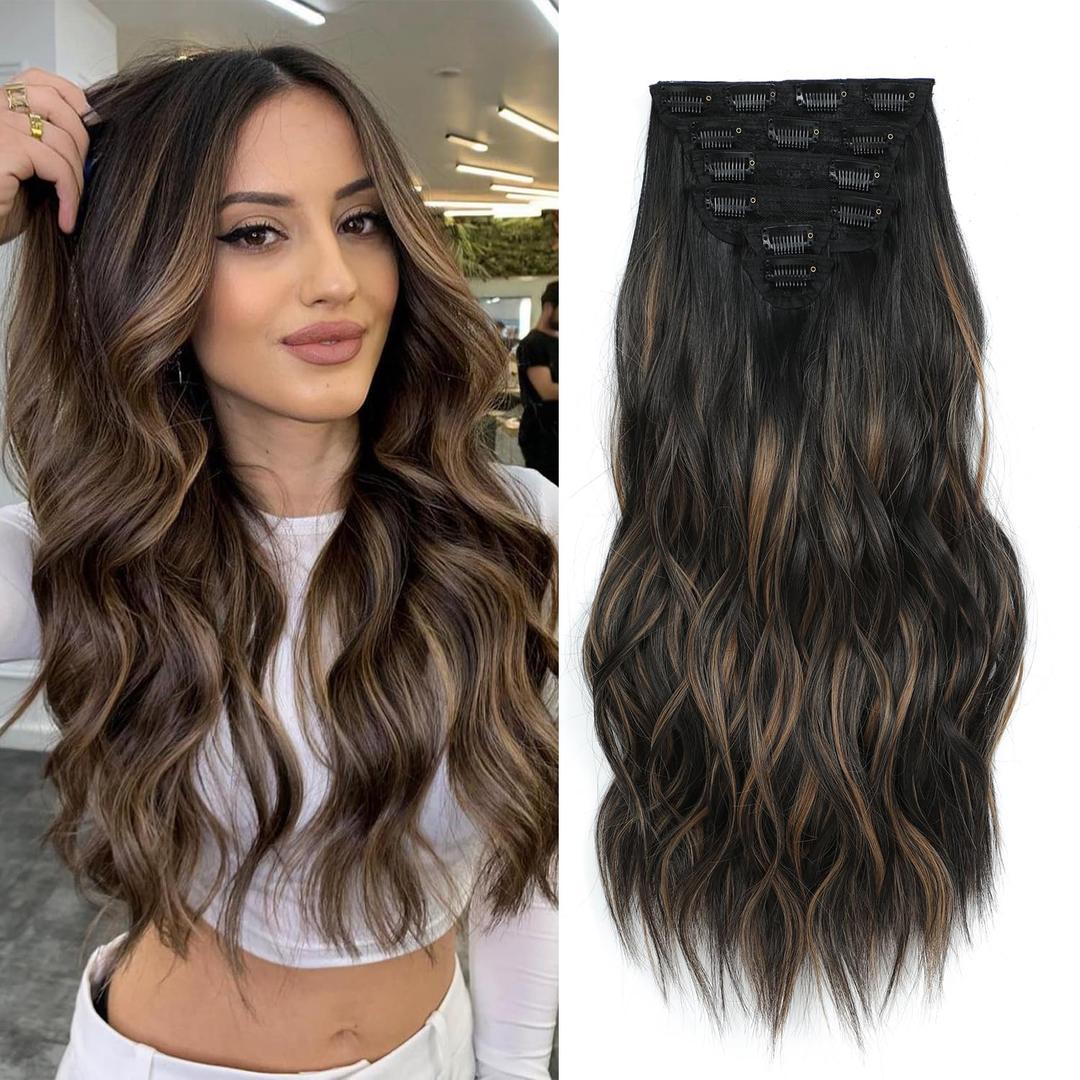 Clip in Hair Extensions, 6 PCS Natural & Soft Hair & Blends Well Lonng Wavy Hairpieces(20inch, 6pcs, Black&Dark mix light brown)