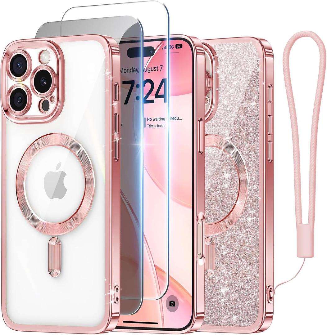 Meifigno Case Designed for iPhone 16 Pro, [Compatible with MagSafe] [1X HD+1X Privacy Screen Protectors] [Glitter Card&Wrist Strap] Surround Lens Protection Designed for iPhone 16 Pro Case, Rose Gold