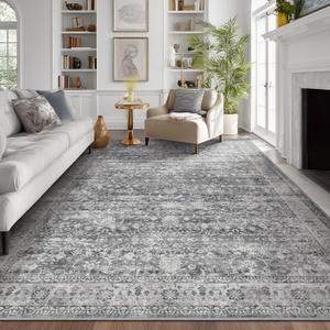 Vintage Grey 8x10 Area Rugs for Living Room, Retro Gray Neutral Rug for Bedroom Dining Room, Low Pile Thin Washable Non Slip Room Rug for Home Office Family Room