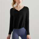 Long Sleeve Workout Shirts for Women V Neck Elastic Oversize Pullover Yoga Gym Tops Quick Dry Hiking Athletic Running Shirts (Black)