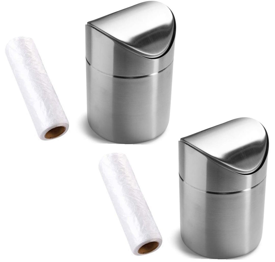 ZHOUWHJJ 2 Packs Mini Countertop Brushed Stainless Steel Swing Lid Trash Can Set, Come with Trash Bag, 1.5 L / 0.40 Gal, Silver