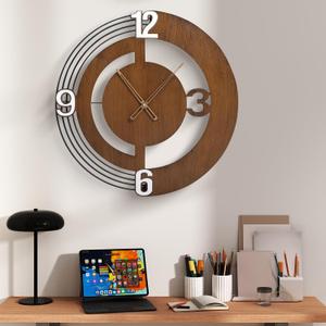 20 Inch Walnut Wooden Round Wall Clock Battery Operated Silent Non-Ticking, Modern Decorative Clock Minimalist Timepiece for Living Room, Kitchen, Bedroom, Office