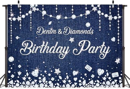 LTDKAEN Denim and Diamonds Birthday Party Backdrop Navy Blue Diamonds Happy Birthday Denim Photography Background Banner Party Decorations 7x5ft