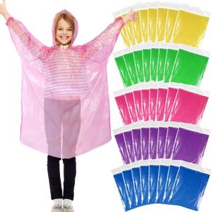 Berlune 40 Pcs Kid Ponchos Bulk Disposable Kids Rain Ponchos Bulk Emergency Raincoat with Elastic Sleeves(Blue, Green, Yellow, Purple, Pink)