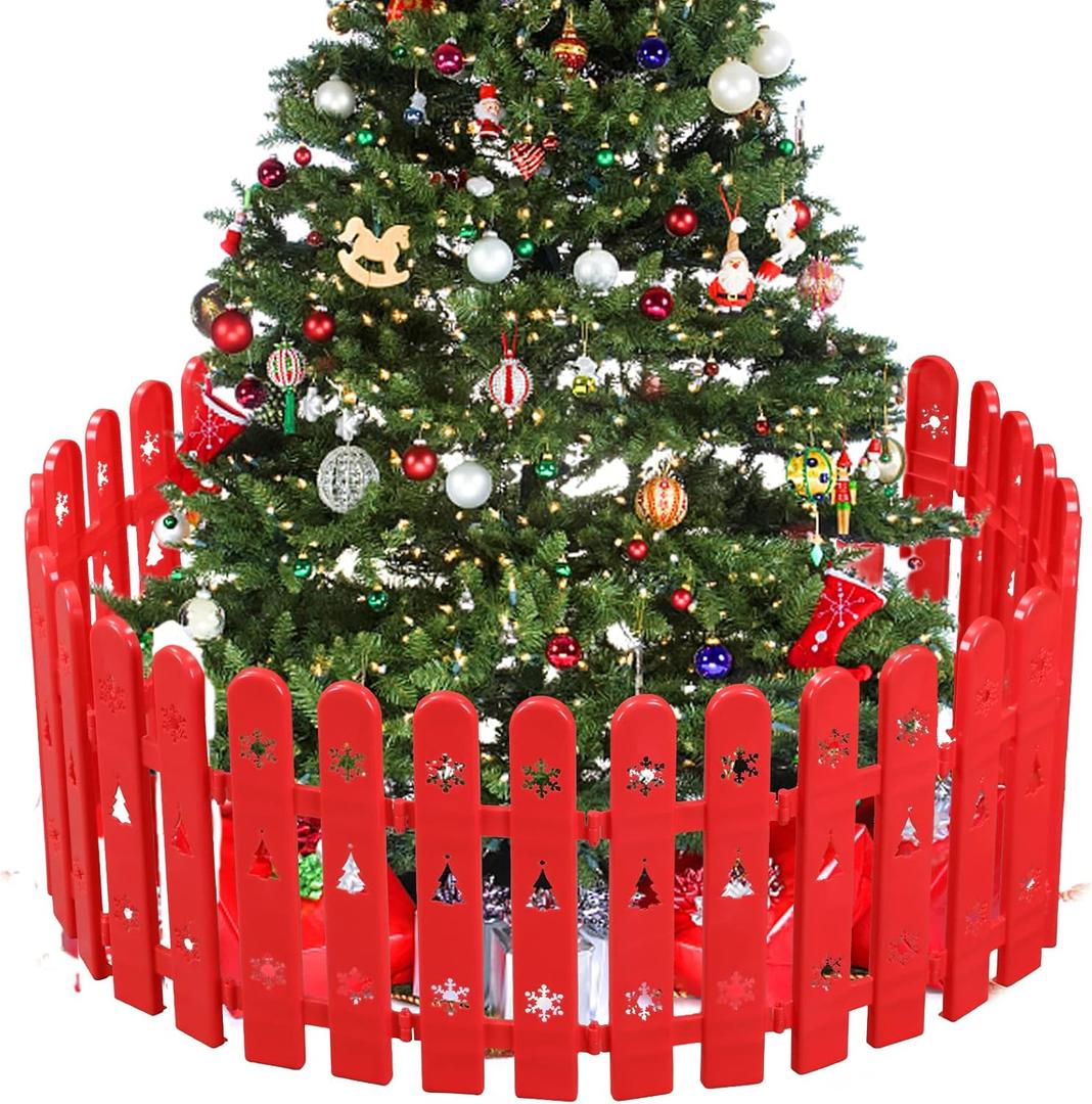 Christmas Tree Fence Decoration - 36 Pieces Red Plastic Miniature Garden Border for Home Picket Fence Decor, Christmas Tree Gate