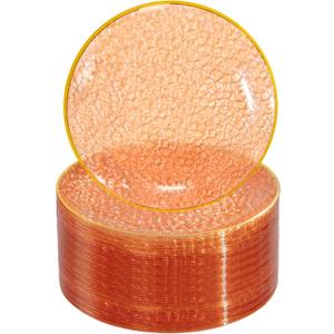 Rubtlamp 100 Pcs Clear Orange Gold Plastic Plates, Hammered Orange Party Plates,Heavy duty Dessert Plates,Disposable Salad/Dessert Platos,Clear Gold Plastic Platos 7 Inch for Party