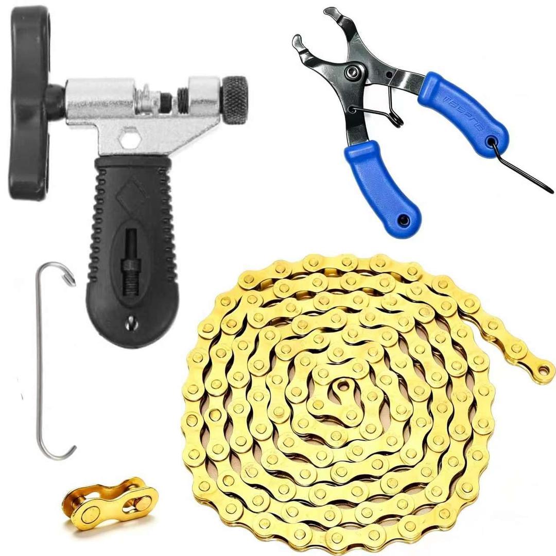 Bike Chain Kit for E-Bike(HUB Motor), High Tensile 6/7/8 Speed 126 Links 1/2x3/32 Alloy Steel Bicycle Chain with Quick Buckle, Link Plier, Chain Breaker, 2216 Lbs for Road MTB Gold