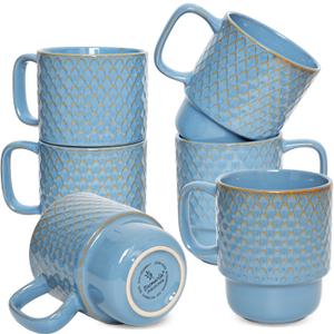 Bosmarlin Large Ceramic Stackable Coffee Mugs Set of 6, 17 Oz, Dishwasher and Microwave Safe (Blue, 17 Oz)