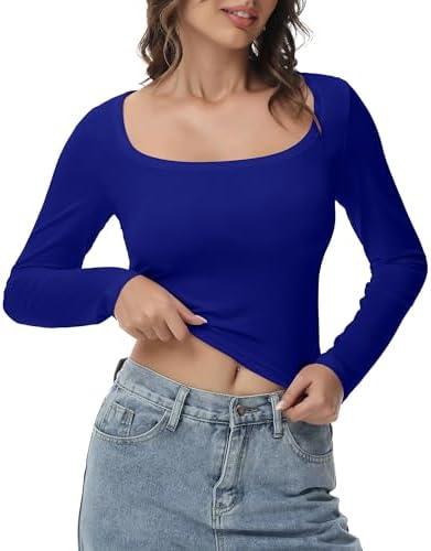 GGOV Women's Long Sleeve Crop top, Ribbed & Slim Fitted Cotton Shirts, Square Crewneck Tee Basics for Daily & Casual Wear Large
