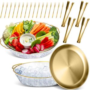 Baderke 2 Sets 11.8" Chilled Serving Tray for Parties Round Iced Platter with Ice Underneath Stainless Steel Clip Fruit Fork Shrimp Cocktail Serving Dish for Oysters Crawfish Fruits (Gold)
