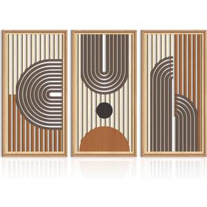 IARTTOP Large Mid Century Modern Wall Art Framed Abstract Geometric Wall Art Set of 3 Wood Boho Wall Decor for Living Room Bedroom Office 16 x32 Inch (beige and brown)