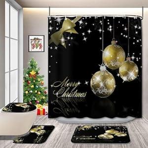 GRIEKOWE 4-Piece Christmas Bathroom Set with Shower Curtain, Toilet Lid Cover, Contour Rug & Bath Mat - Gold Ornaments on Black, Waterproof Fabric, Holiday Decoration for Bathroom, 72'' x72''