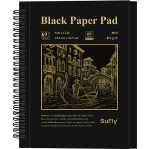SuFly Black Paper Notebook, 60 Sheets Spiral Bound Sketch Book 9x12, 90lb/150gsm Black Art Paper for Drawing and Painting.