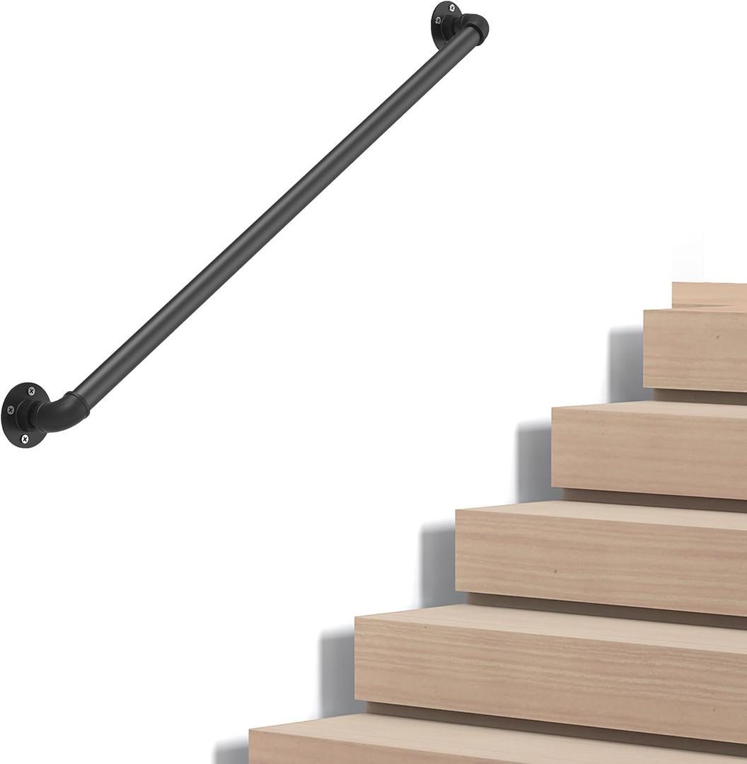 Industrial Pipe Stair Handrail, Wall-Mounted Metal Hand Rail for Indoor & Outdoor Steps, Black Galvanized Iron, Vintage Farmhouse Style, Heavy Duty Support for Stairs & Porch (Black, 3.3ft)