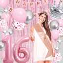 Sweet 16th Birthday Decorations Pink, Happy Birthday Decorations for Girls Pink Silver Balloons Number 16 Balloons,Fringe Curtain, Crown Balloon, Star Balloon for Her Girl 16th Birthday Princess Party