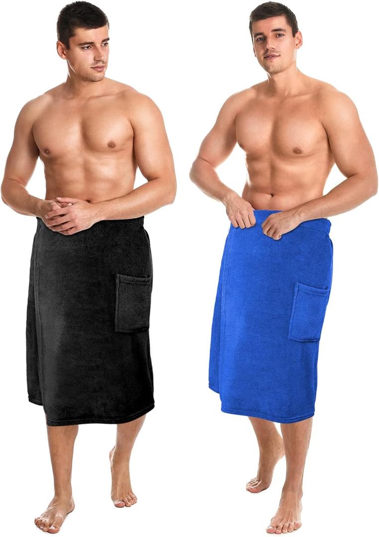 Tudomro 2 Pcs Men's Bath Wrap Towel Large Shower Adjustable Terry Body Spa Towel with Pocket After Shower Wrap for Men Gift Spa College Bath Dorm Room Gym(Black, Bright Blue)