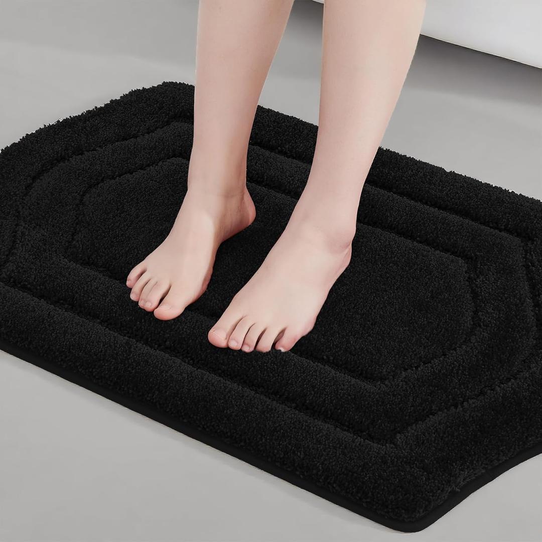 COSY HOMEER Bathroom Rugs Mat 17”x27” Absorbent Non-Slip Bath Mat Plush Shaggy Machine Washable Bath Rugs Soft Polyester Bath Mats for Bathroom Floor, Tub and Shower, Black