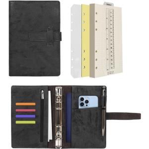 Wonderpool Leather Journal Refillable Binder A5 Writing Notebook Folder Organiser with Dotted Paper & Multi Pockets Cover for Business School Travel (A6, Black)