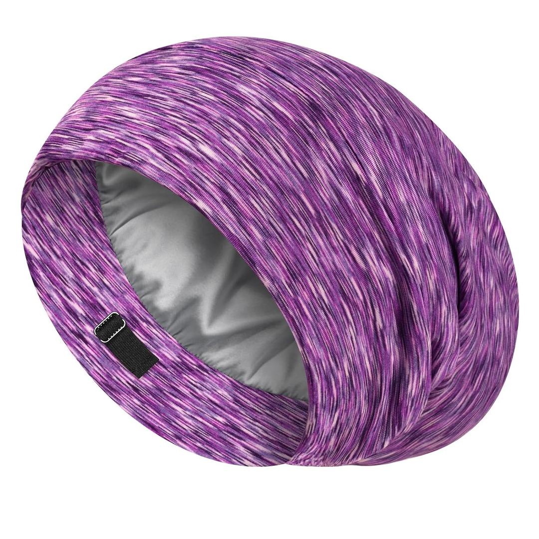 LULUSILK Mulberry Silk Lined Sleep Cap, No More Frizzy Tangled Hair, Stay On Silk Hair Wrap for Sleeping with Adjustable Strap, Silk Bonnet for Women and Men, Assorted Color Purple, Pack of 1