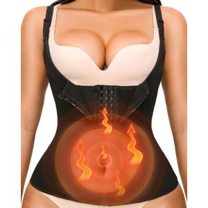 YADIFEN Waist Trainer for Women, Zipper Corset Body Shaper for Tummy Control Neoprene Cincher Sweat Sauna Vest Tank Top (Large, Black-fixed Shoulder Straps)