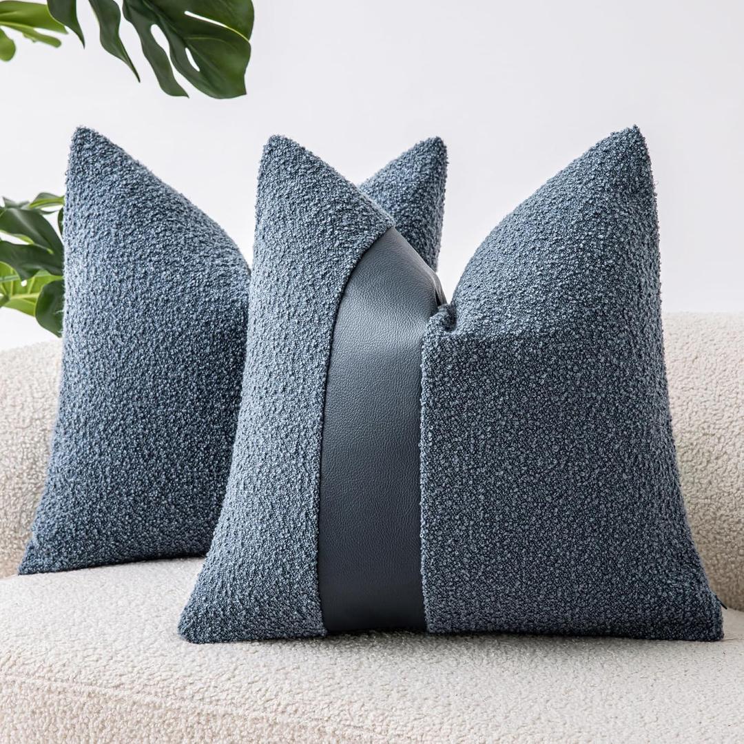 18"x18" Denim Blue Boucle Throw Pillow Covers with Faux Leather Accents Set of 2 Fluffy Textured Decorative Pillow Cases for Couch Bed Boho Farmhouse Square Cushion Covers for Nordic Home