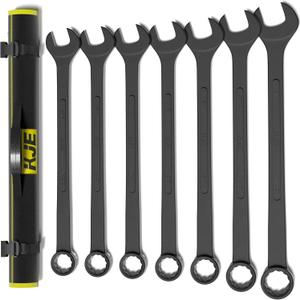 KJE 7-Piece SAE Black-Oxide Jumbo Combination Wrench Set, Open-End large Wrench, big Wrench Set, SAE Sizes 1-5/16" - 2" for Large Vehicles