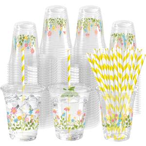 50 Sets Flower Daisy Plastic Cups 12 oz Floral Disposable Cups Spring Daisy Party Favor Drinking Beverage Cup for Baby Shower Birthday Party Supplies