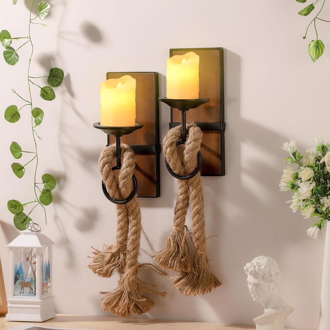 Wall Sconce Candle Holder Black Wall-Mount Metal and Wooden Candle Holders Hanging Iron Wall Candle Sconce Holder and use Hemp Rope Decoration,for Home,Living Room, Bathroom, Dining Room, Set of 2