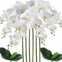 Artificial Phalaenopsis 6 Pcs Artificial Flowers Fake Orchid Flowers Stem Plants with 2 Pcs Leaves for Dcor (White)