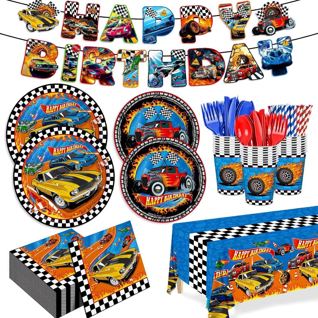194pcs Birthday Party Decorations Supplies Race Car Plates Napkins Banner Tablecloth Disposable Paper Cups Straws Tableware Set for Kids Boys Birthday Decor 24 Guests