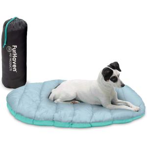Furhaven Outdoor Travel Dog Bed for Small Dogs w/ Carry Bag, Washable & Foldable, Great for Crates & Kennels - Trail Pup Travel Pillow Mat w/ Stuff Sack Bag - Aqua/Granite Gray, Small
