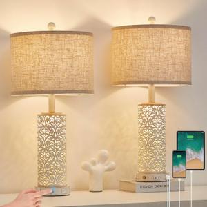 26" Set of 2 Farmhouse Table Lamp, 3-Way Dimmable Touch Control with Nightlight, 2 USB Ports + AC Outlet Vintage Rustic Bedside Lamp for Living Room Bedroom and Nightstand (White-2 Pack)